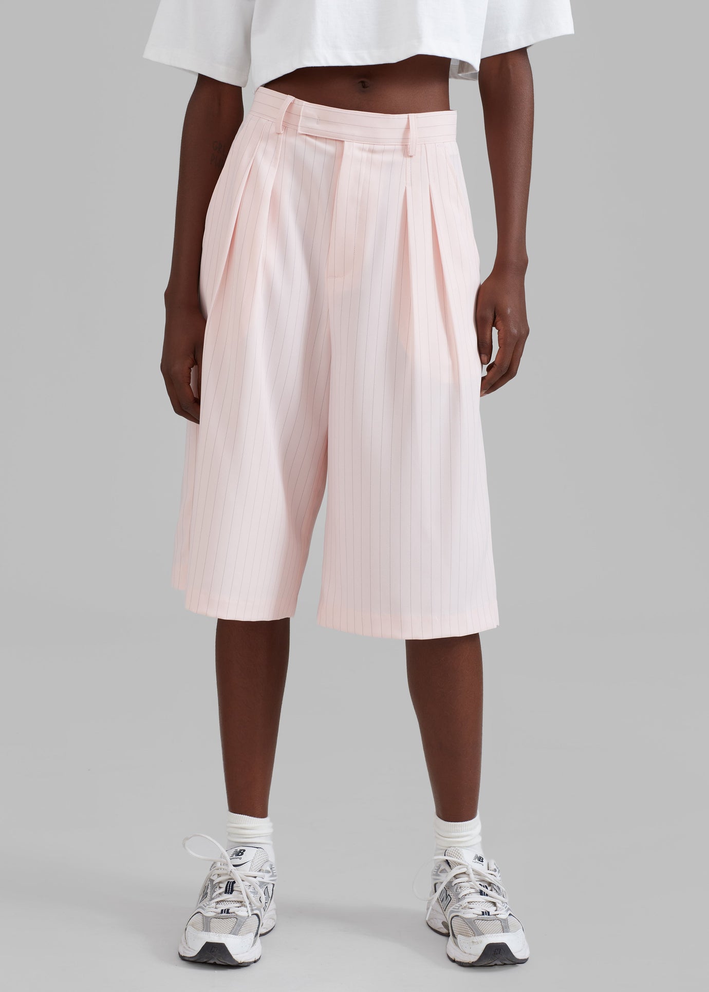 Vivian Fluid Pleated Bermuda Shorts - Pink Pinstripe - 1