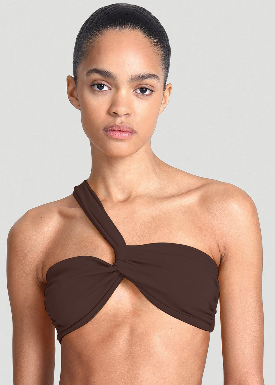 Aexae Ruched One Shoulder Swim Top - Brown - 4