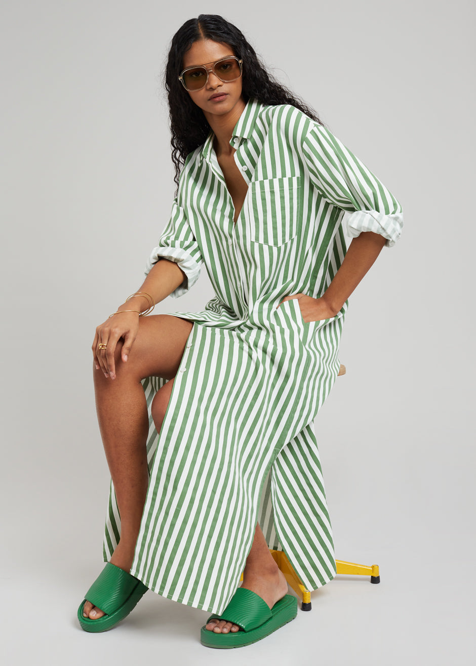 Cala Shirt Dress - Green Stripe - 5