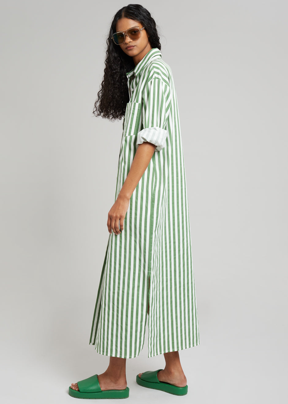 Cala Shirt Dress - Green Stripe - 2