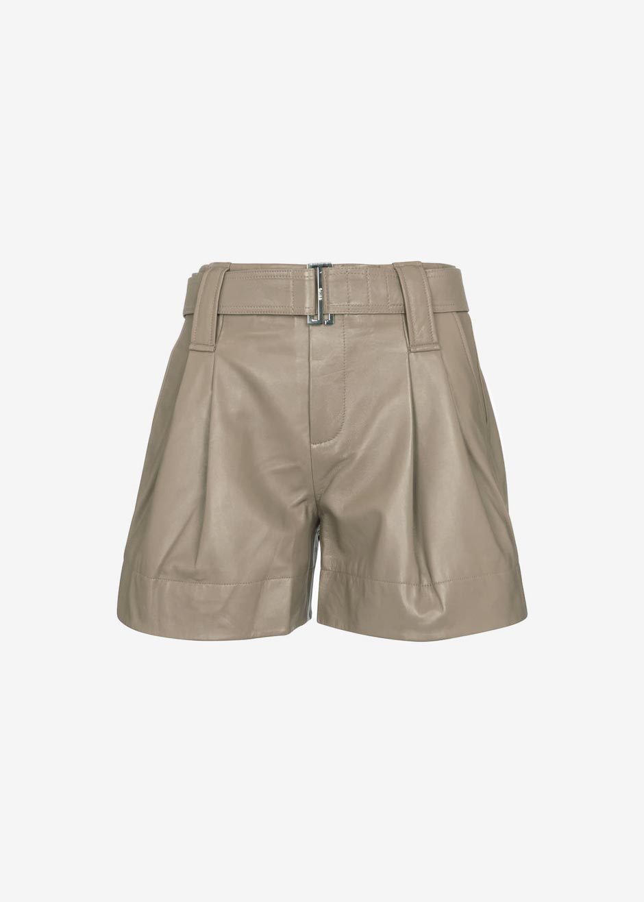 GANNI Belted Leather Shorts - Fossil - 8
