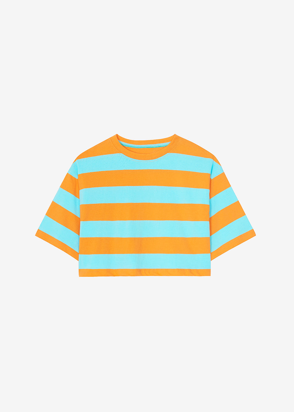 Karina Cropped T-Shirt - Turquoise/Bright Orange - 8