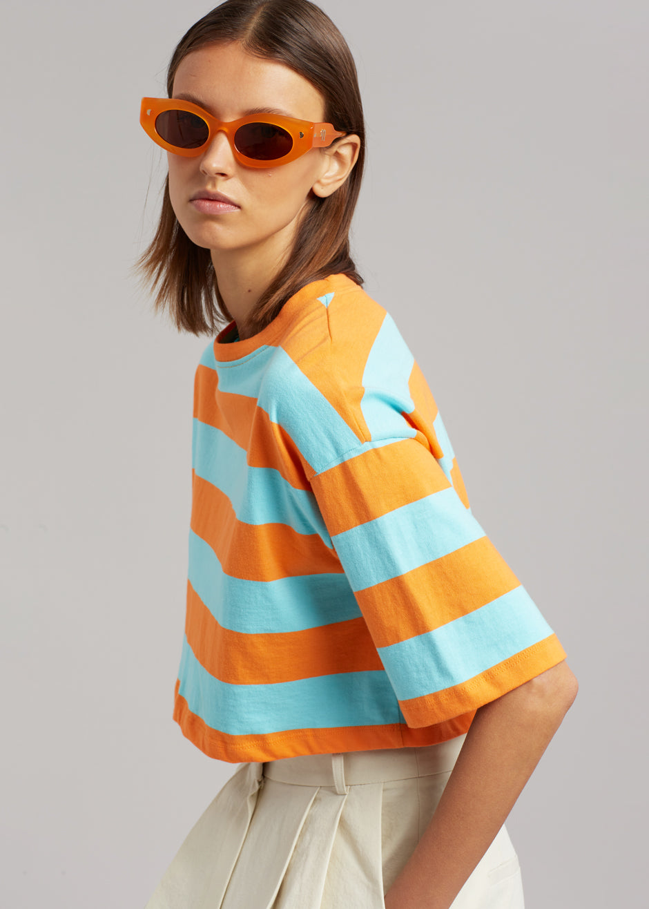 Karina Cropped T-Shirt - Turquoise/Bright Orange - 3