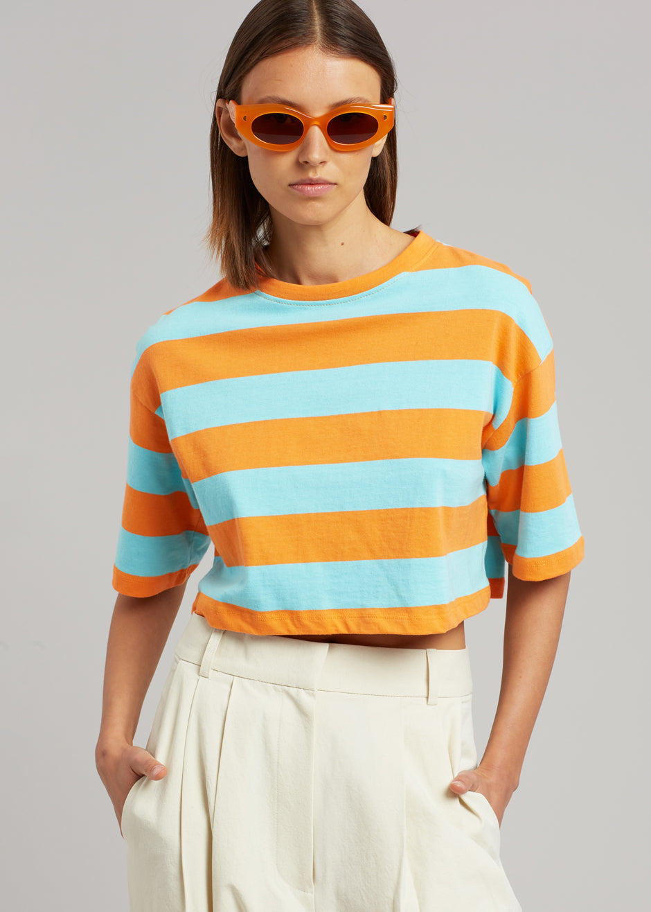 Karina Cropped T-Shirt - Turquoise/Bright Orange