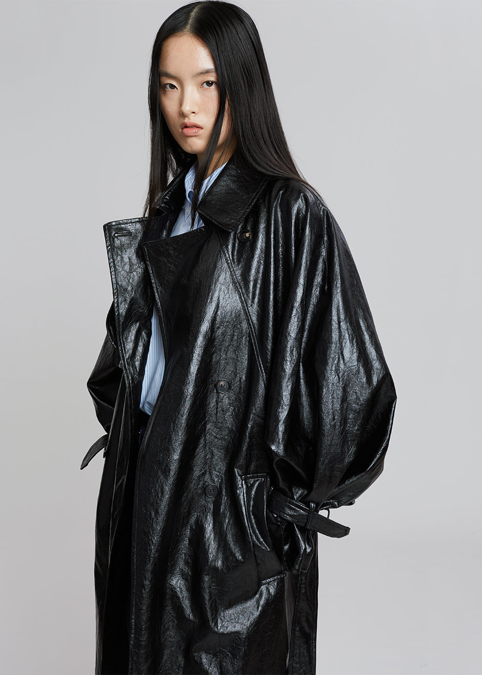 Reed Faux Leather Trench Coat - Black - 1