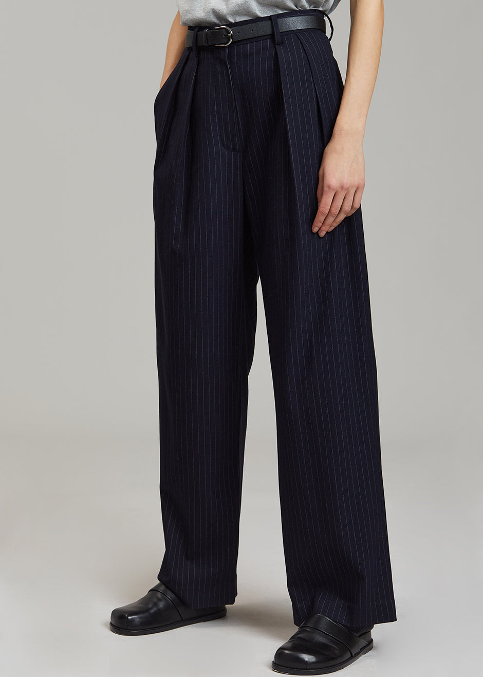 Tansy Pleated Trousers - Navy Pinstripe - 1